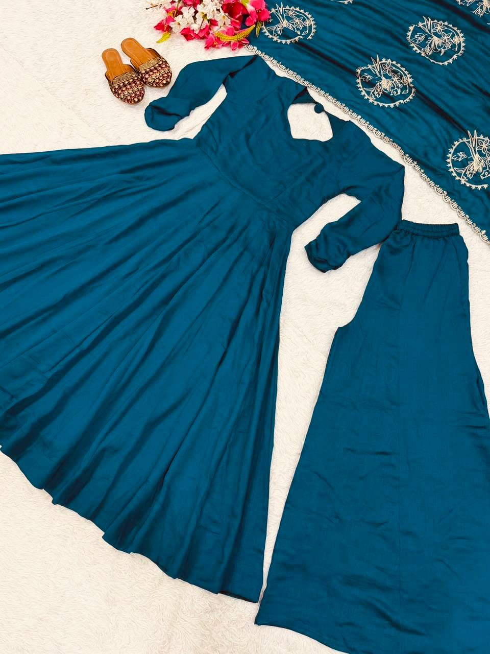 Teal Blue Embroidered Anarkali Suit Set with Dupatta