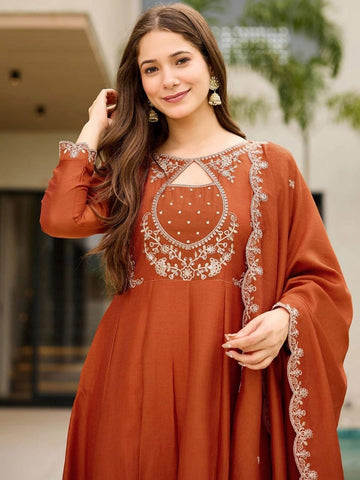 Rust Brown Embroidered Anarkali Set