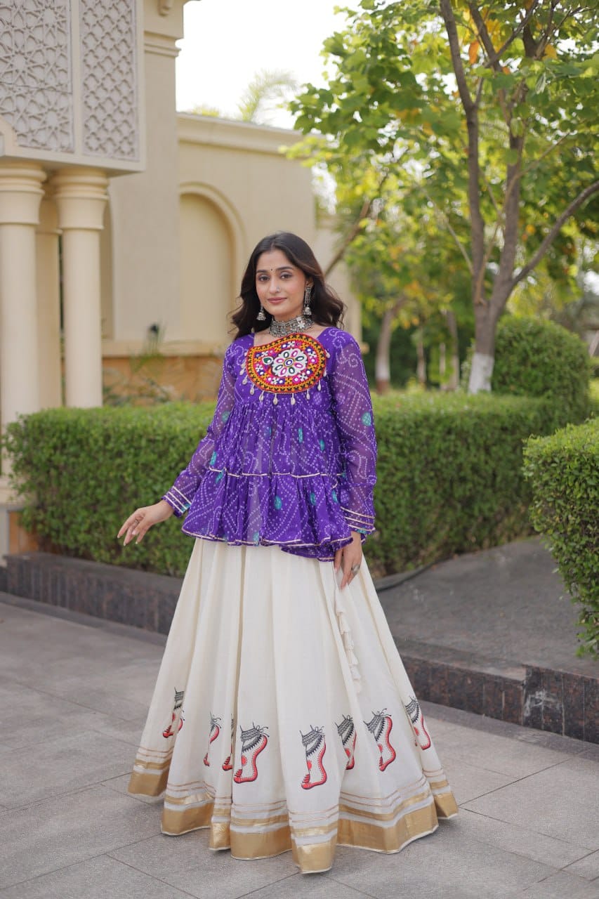 Purple Printed Koti with White Flared Lehenga Set
