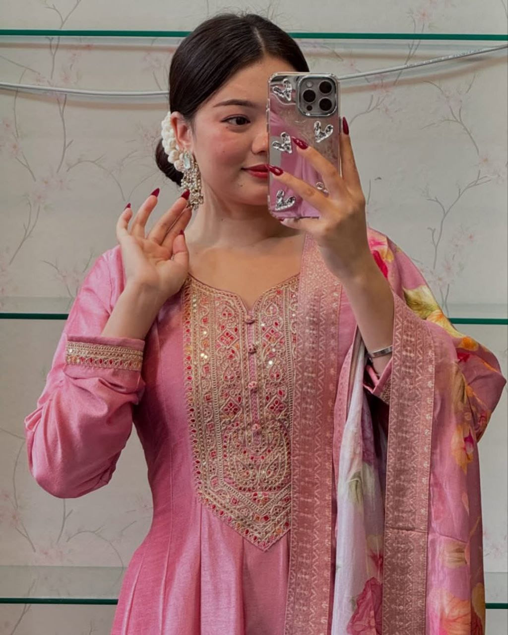 Pink Embroidered Anarkali Kurta Pant & Floral Dupatta Set