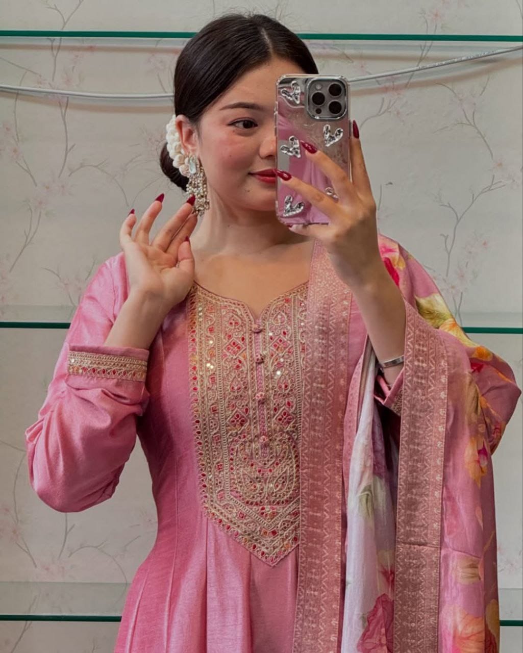 Pink Embroidered Anarkali Kurta Pant & Floral Dupatta Set