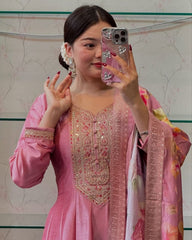 Pink Embroidered Anarkali Kurta Pant & Floral Dupatta Set