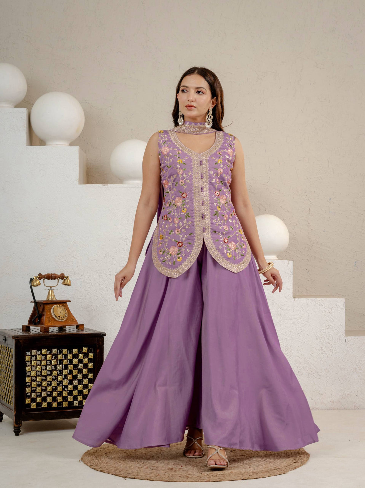 Lavender Embroidered Peplum Sharara Set