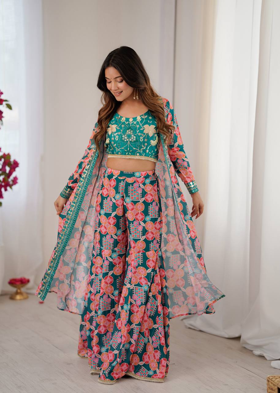 Teal Green Printed Sharara Suit Set with Embroidered Crop Top