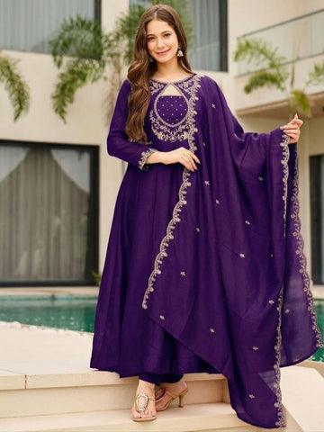 Royal Purple Embroidered Anarkali Kurta Set