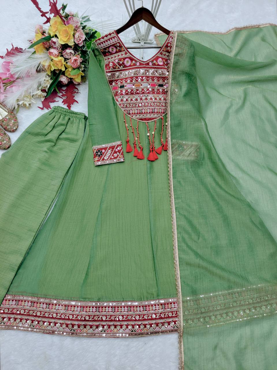 Sage Green Embroidered Anarkali Suit with Dupatta