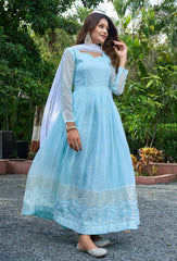 Sky Blue Embroidered Anarkali Suit Set