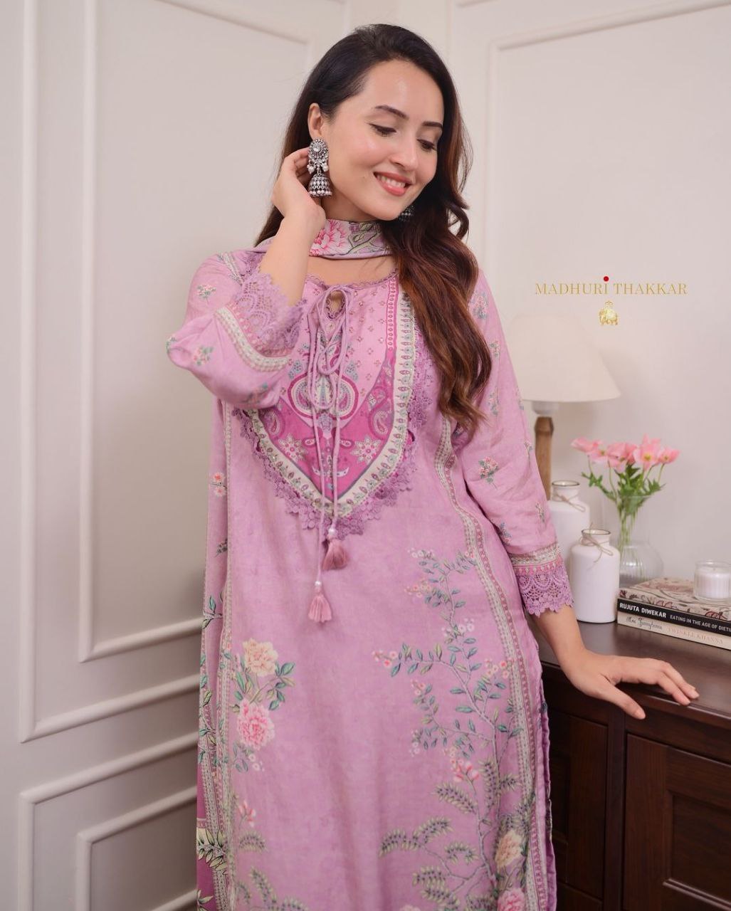 Elegant Pink Embroidered Printed Kurta Set with Matching Pant & Dupatta