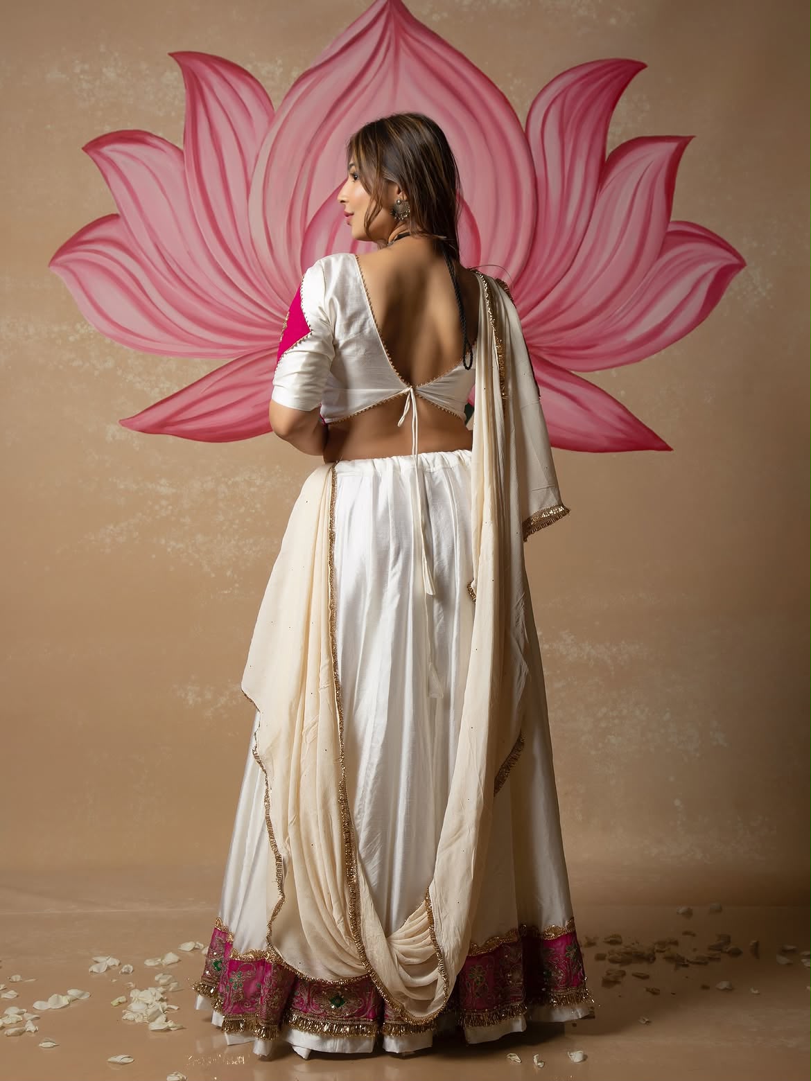 White Lehenga Choli with Pink Embroidered Border & Dupatta