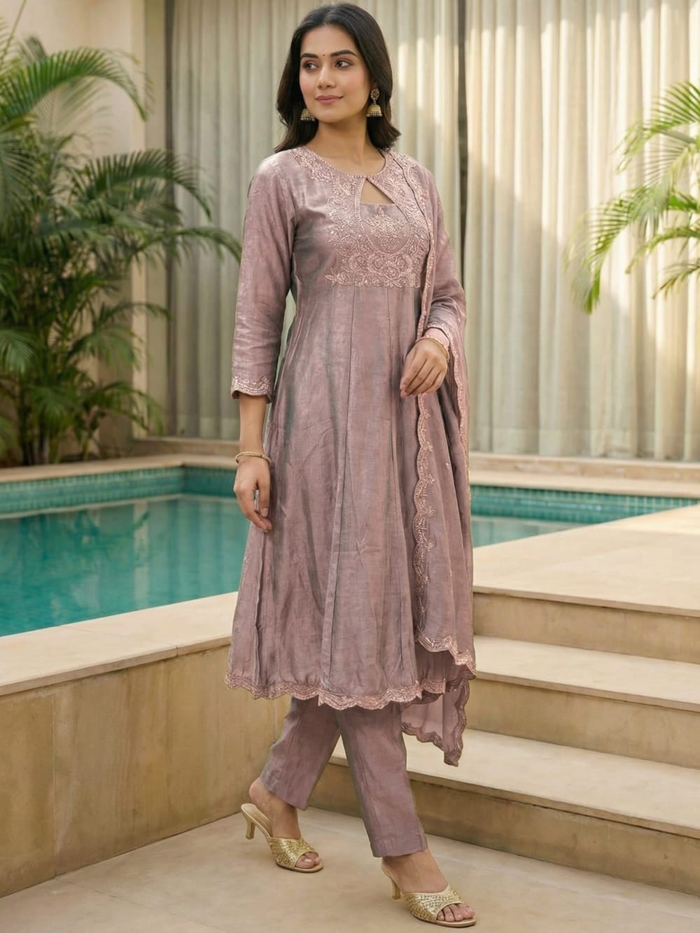 Women's Dusty Mauve Embroidered Kurta Set