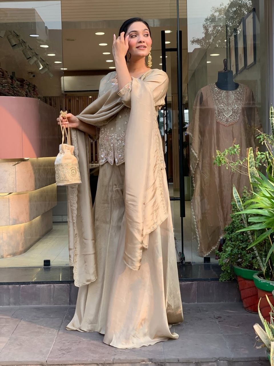 Beige Embroidered Peplum Kurta Palazzo Set with Dupatta