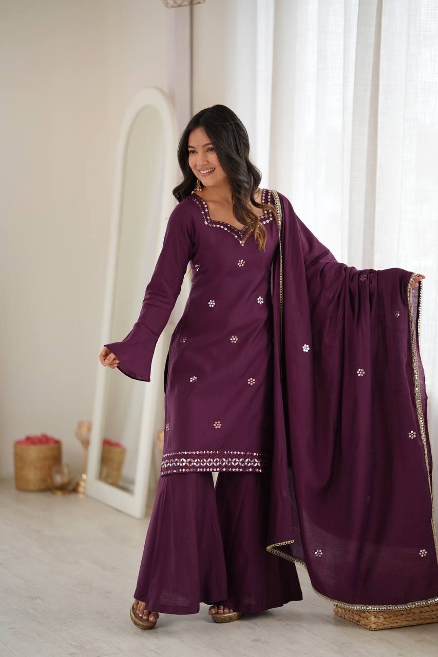 Wine Purple Embroidered Kurta Palazzo Set with Dupatta