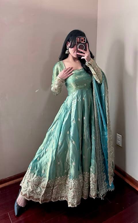 Sea Green Embroidered Anarkali Gown with Dupatta