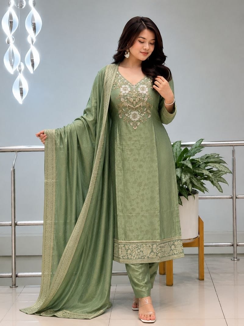 Sage Green Embroidered Jacquard Kurta Pant Set