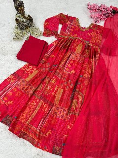 Rani Pink Floral Printed Anarkali Kurta Set with Dupatta