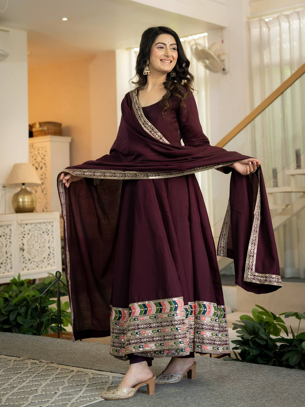 Maroon Embroidered Anarkali Suit Set with Dupatta