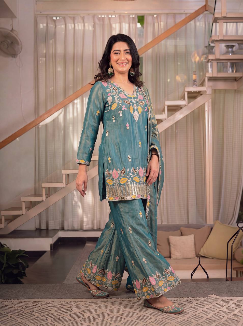Teal Blue Embroidered Kurta Pant Set with Dupatta