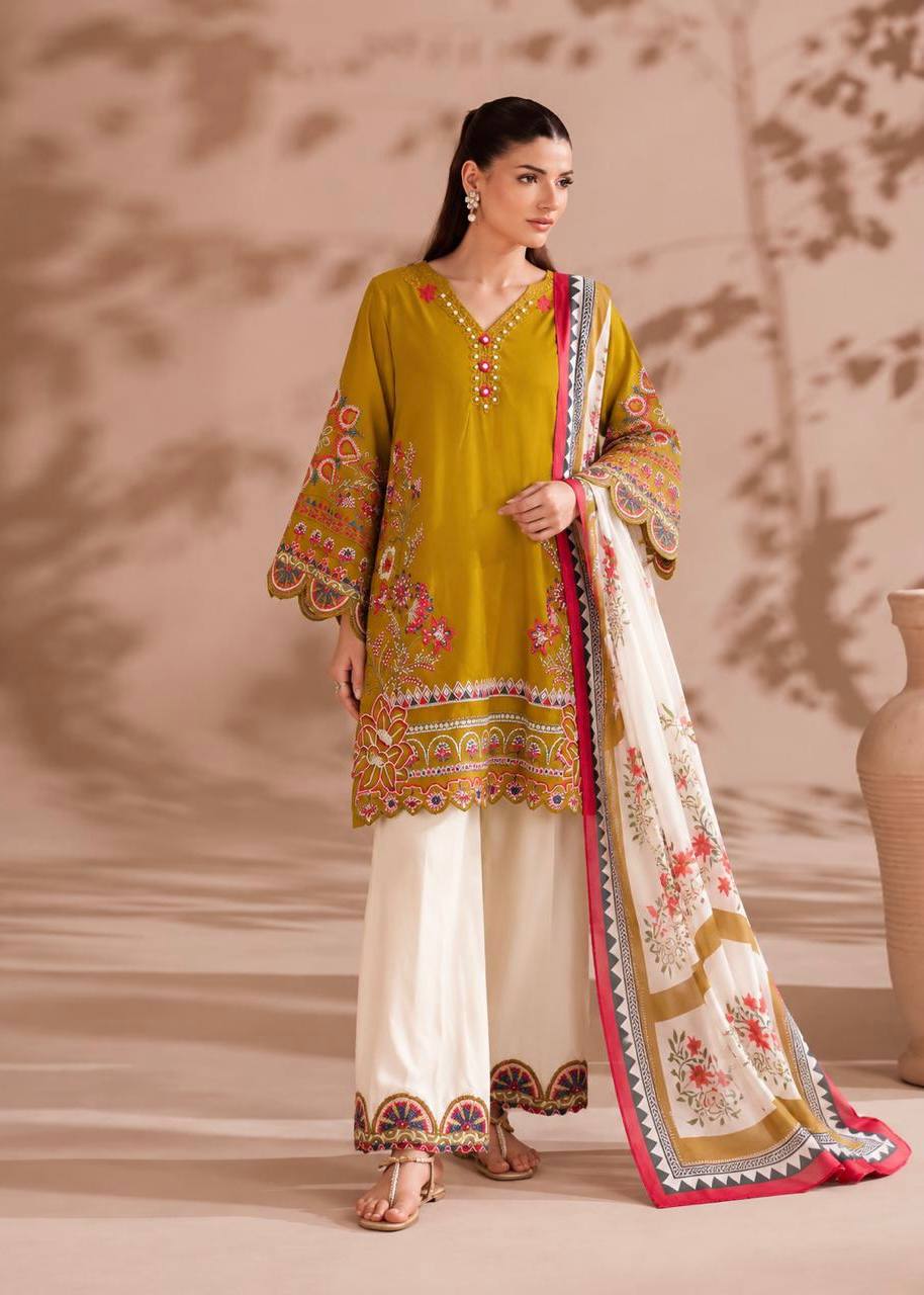 Mustard Yellow Embroidered Palazzo Suit Set with Printed Dupatta