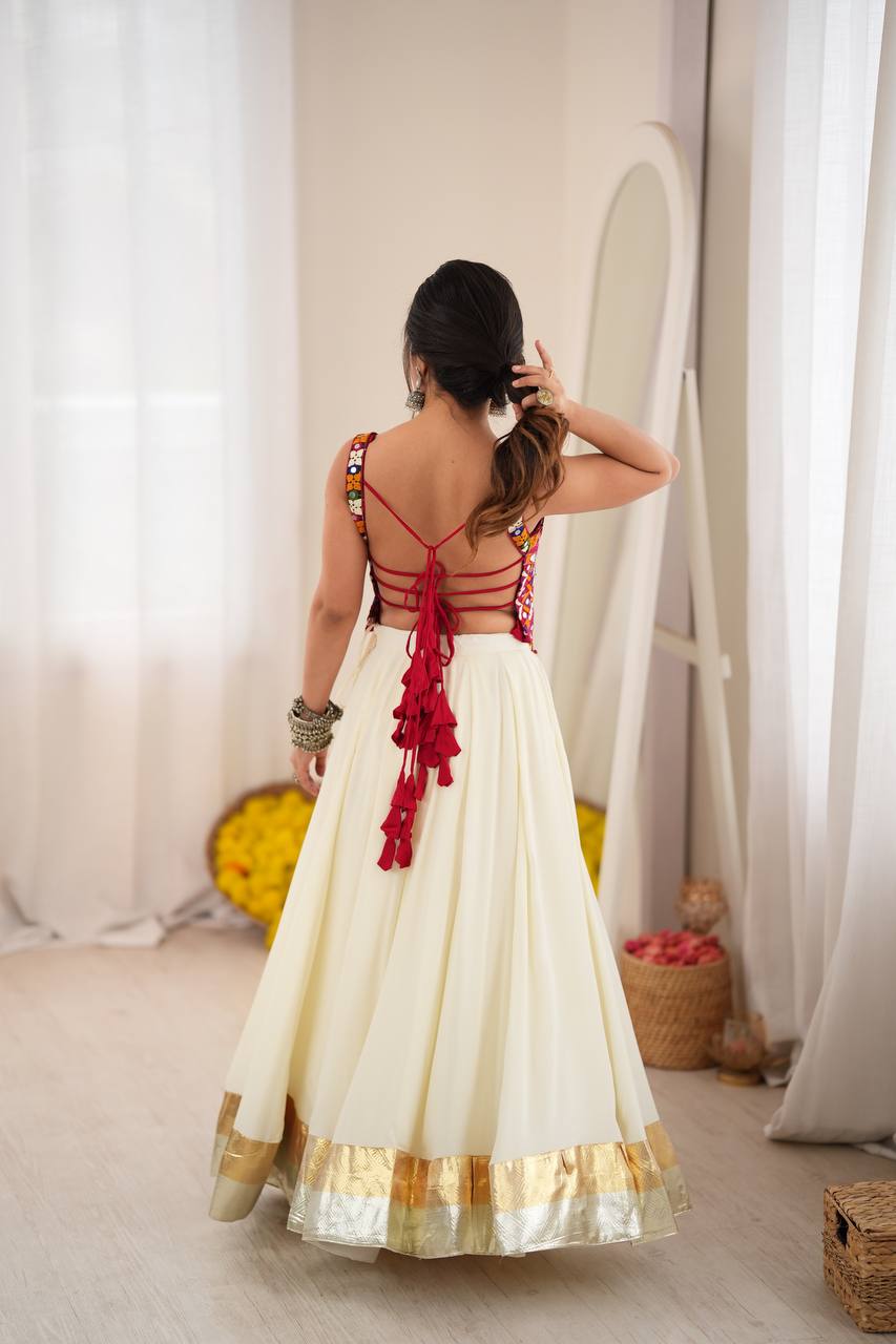 White Embroidered Chaniya Choli with Mirror Work & Gold Border