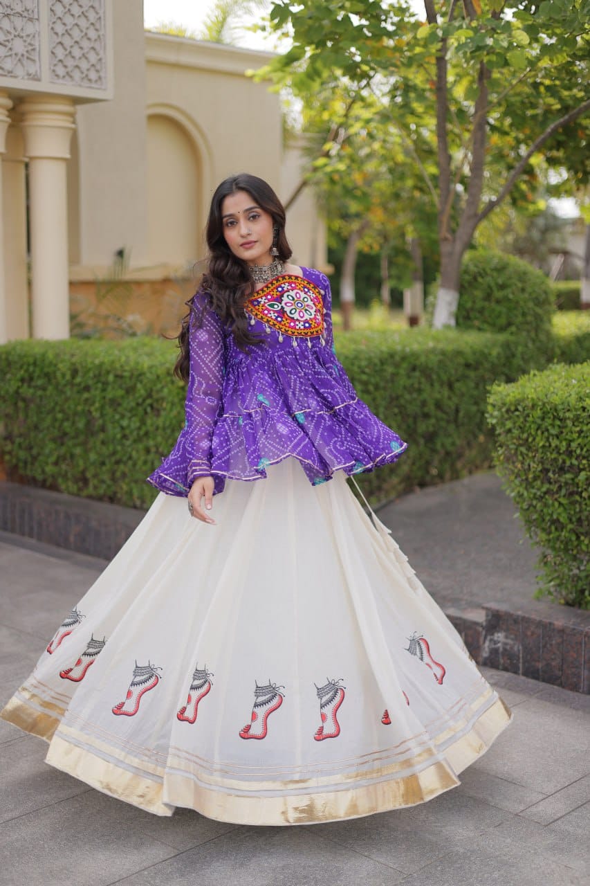 Purple Printed Koti with White Flared Lehenga Set