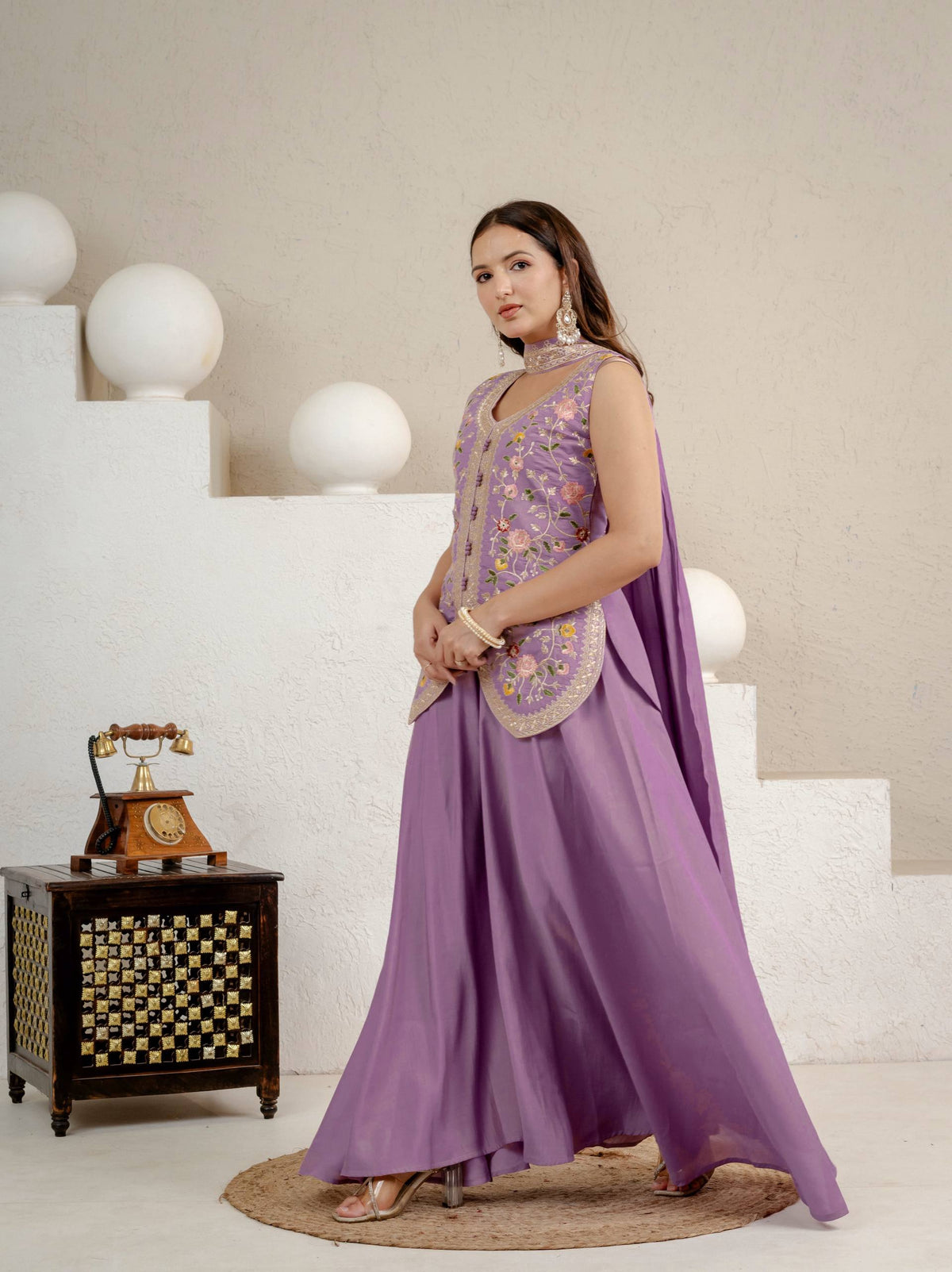 Lavender Embroidered Peplum Sharara Set