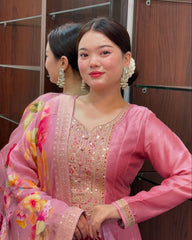 Pink Embroidered Anarkali Kurta Pant & Floral Dupatta Set