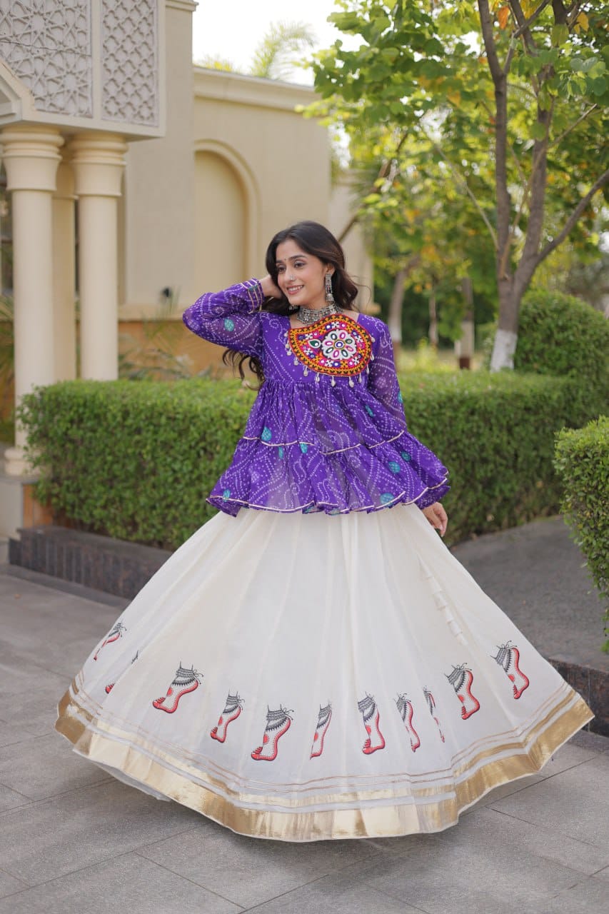 Purple Printed Koti with White Flared Lehenga Set