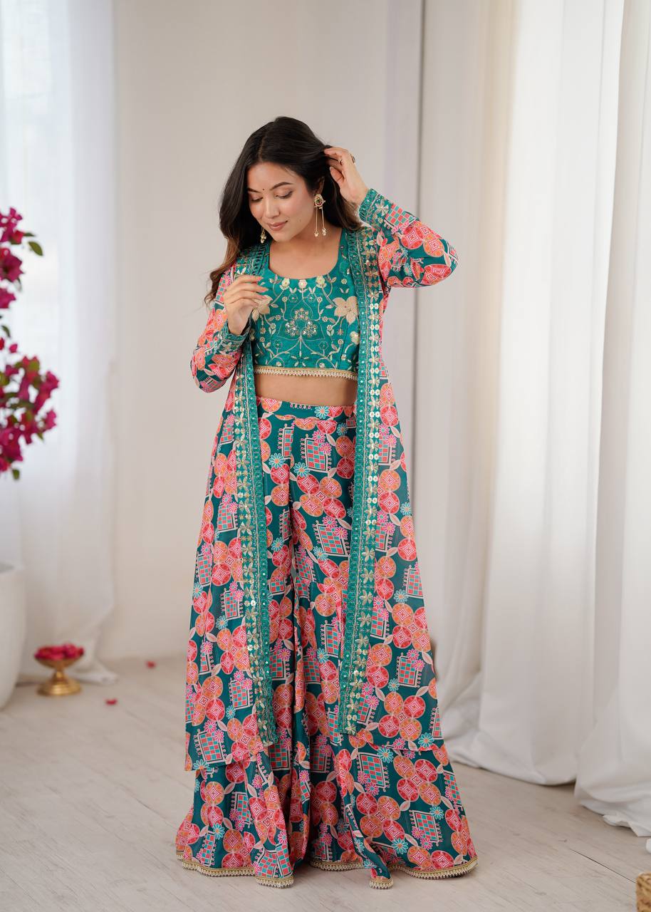 Teal Green Printed Sharara Suit Set with Embroidered Crop Top