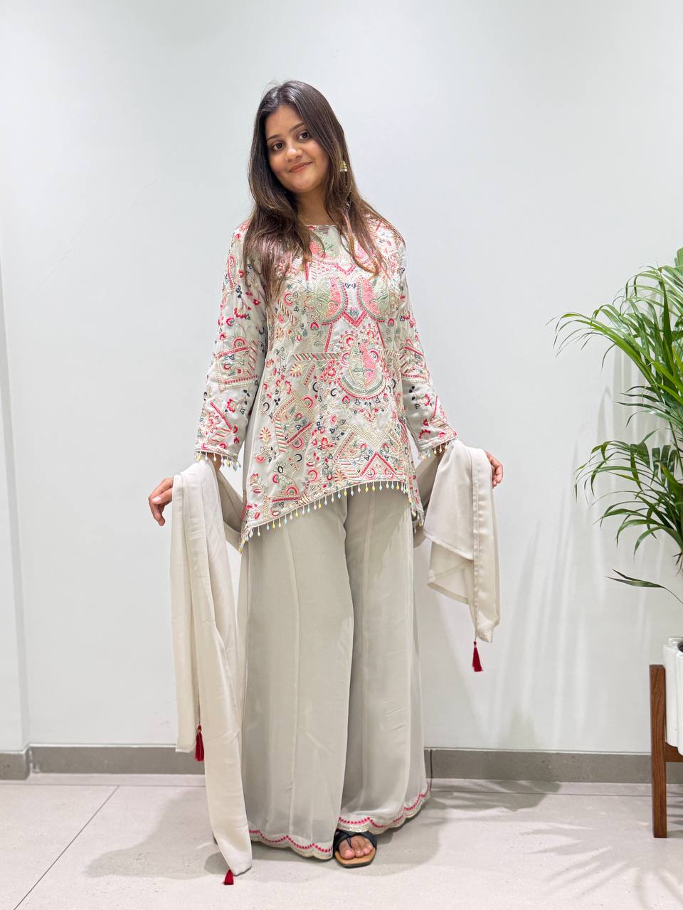Women’s Embroidered Pakistani Suit Set with Palazzo & Dupatta