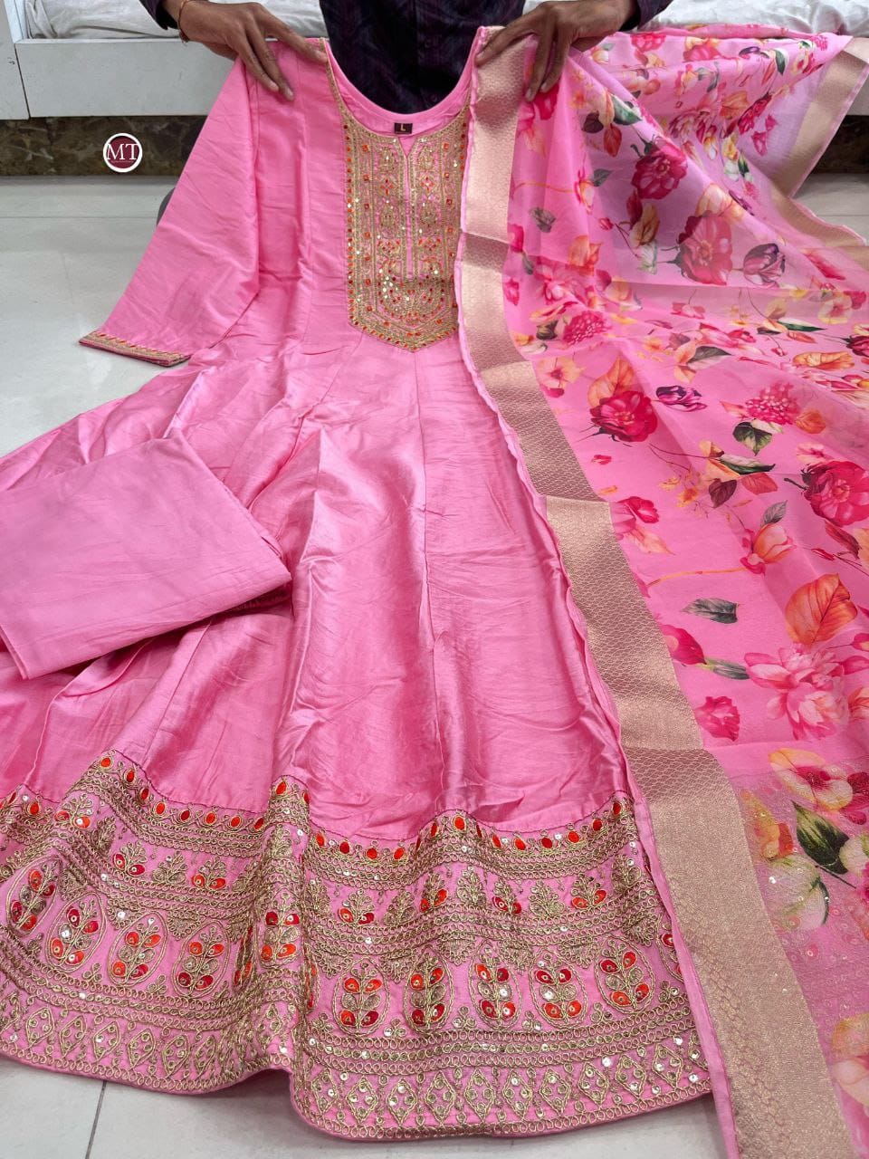 Pink Embroidered Anarkali Kurta Pant & Floral Dupatta Set