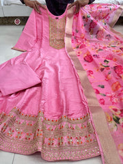 Pink Embroidered Anarkali Kurta Pant & Floral Dupatta Set