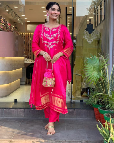 Women's Hot Pink Embroidered Kurta Set