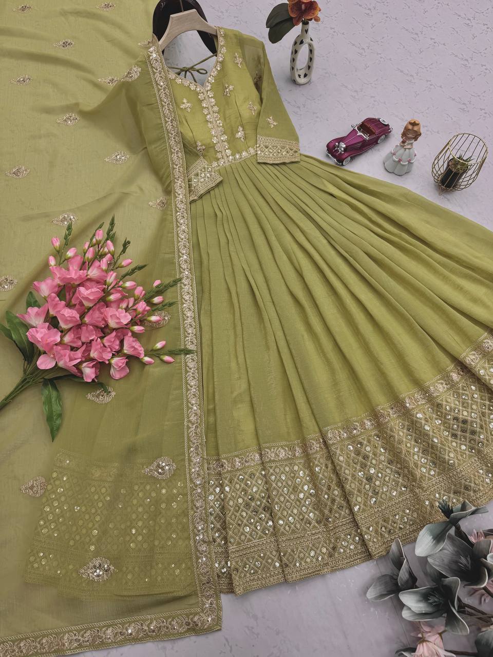 Olive green Embroidered Anarkali Gown with Dupatta