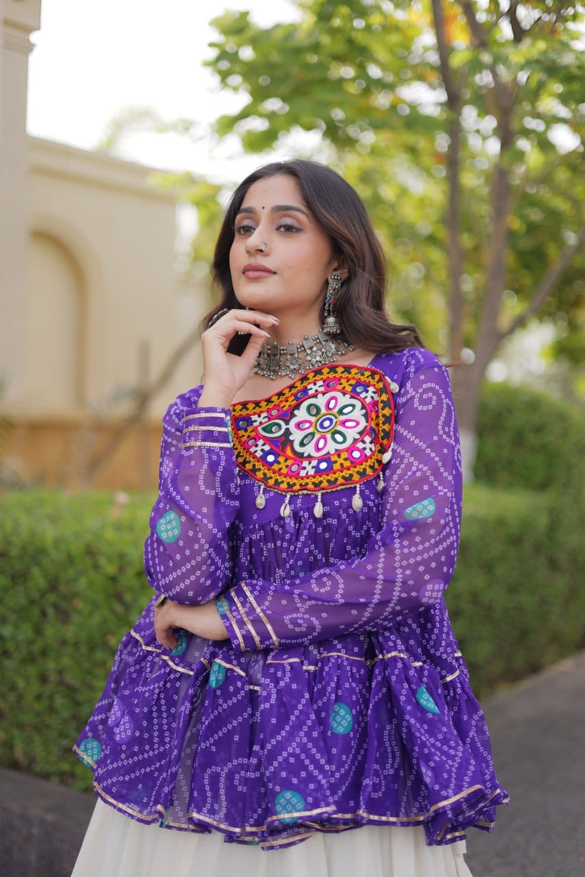 Purple Printed Koti with White Flared Lehenga Set