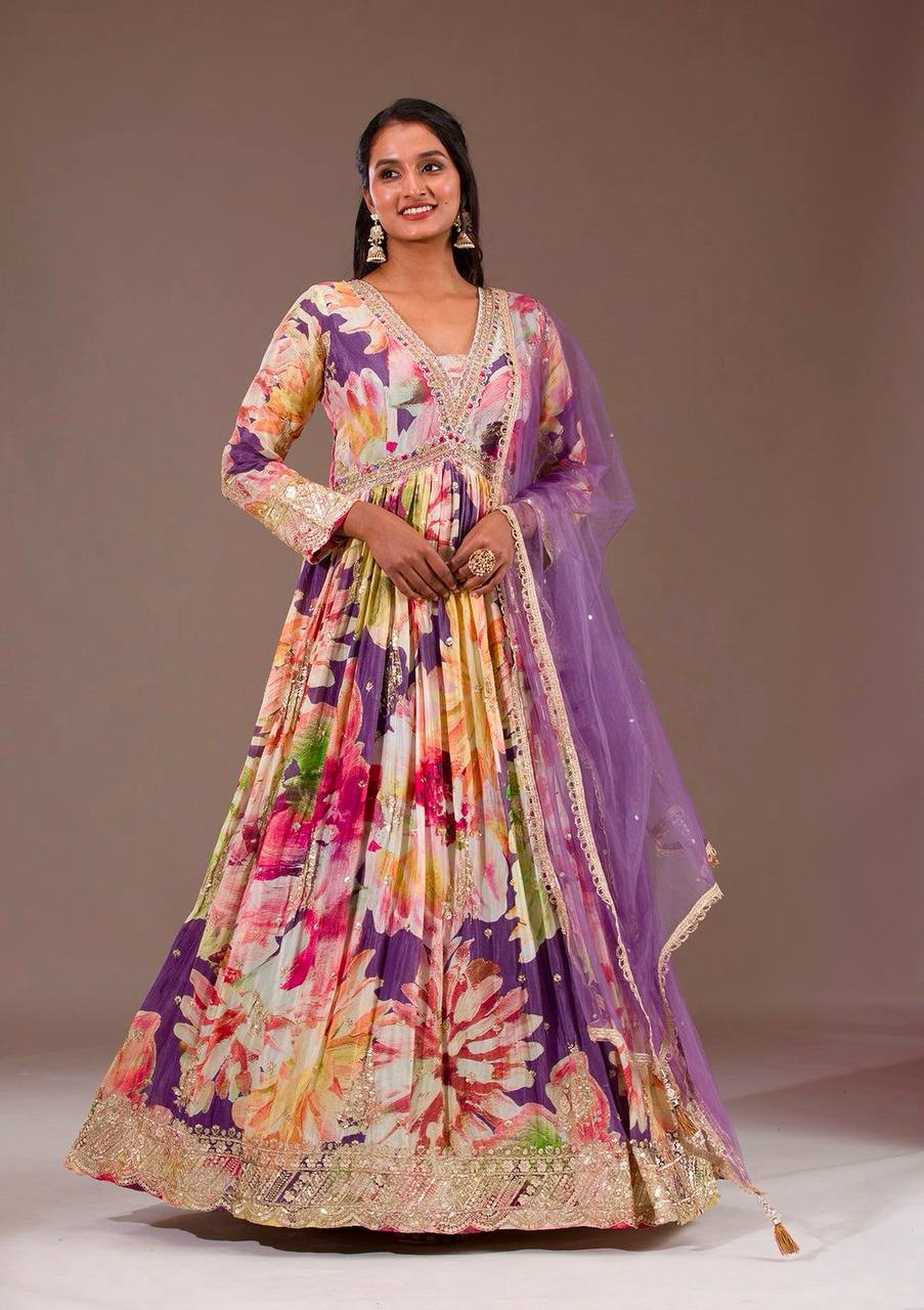 Multicolor Floral Printed Anarkali Gown with Purple Dupatta