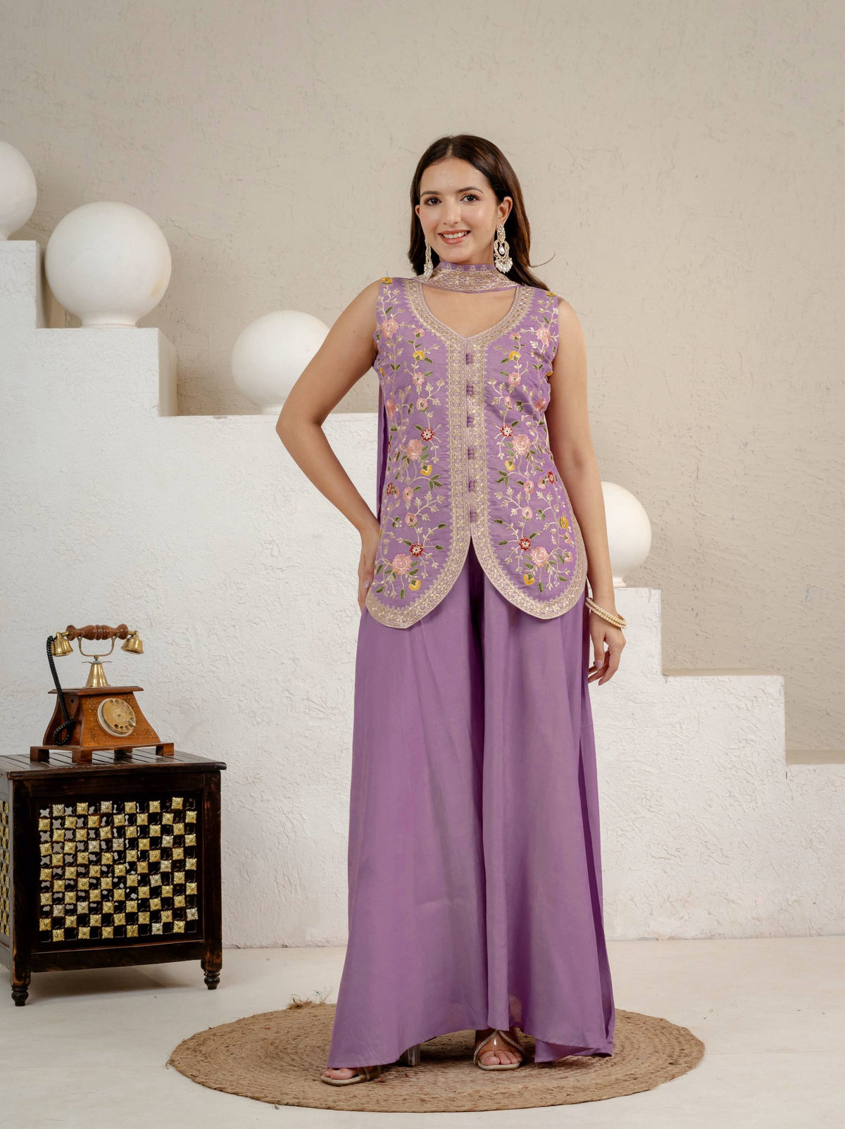 Lavender Embroidered Peplum Sharara Set