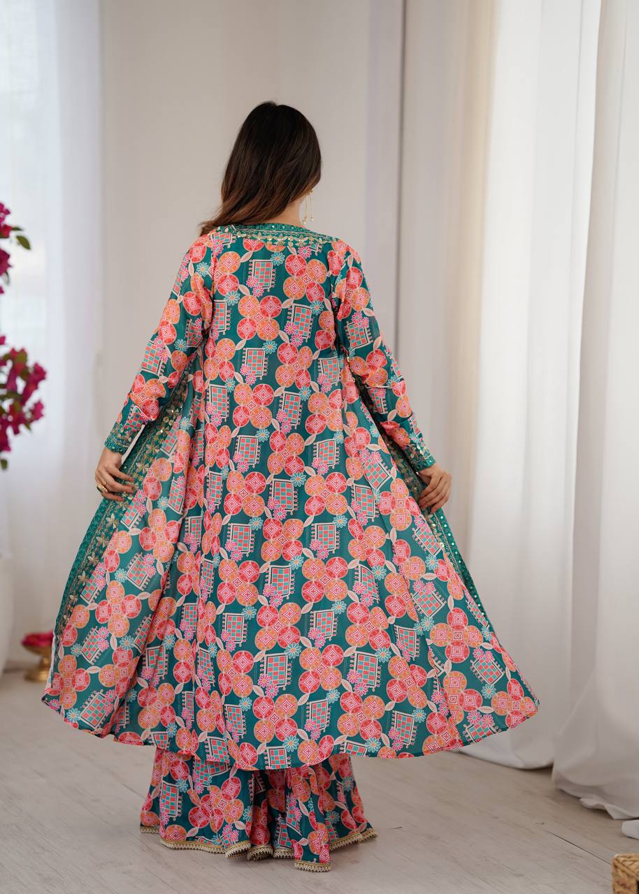 Teal Green Printed Sharara Suit Set with Embroidered Crop Top