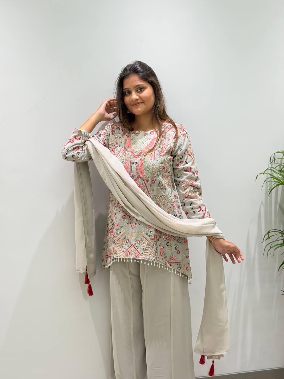 Women’s Embroidered Pakistani Suit Set with Palazzo & Dupatta