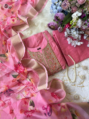 Pink Embroidered Anarkali Kurta Pant & Floral Dupatta Set