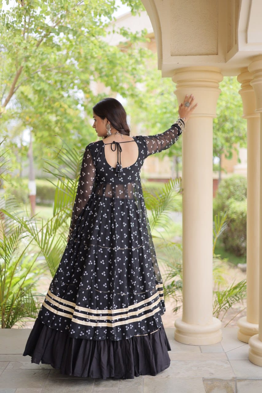Black Printed Koti with Flared Lehenga & Embroidered Choli Set