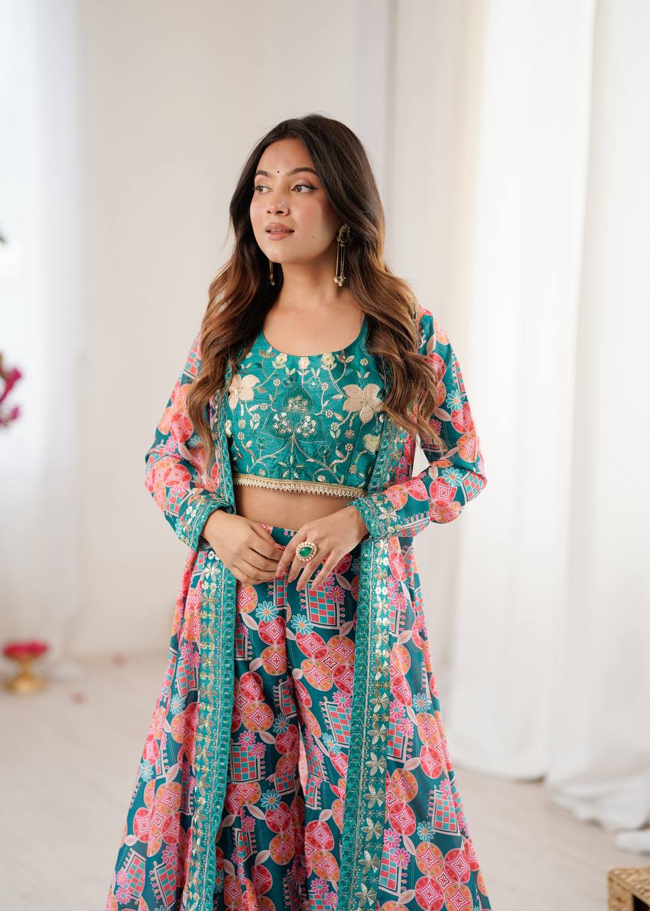 Teal Green Printed Sharara Suit Set with Embroidered Crop Top