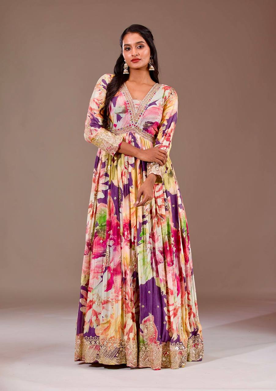 Multicolor Floral Printed Anarkali Gown with Purple Dupatta