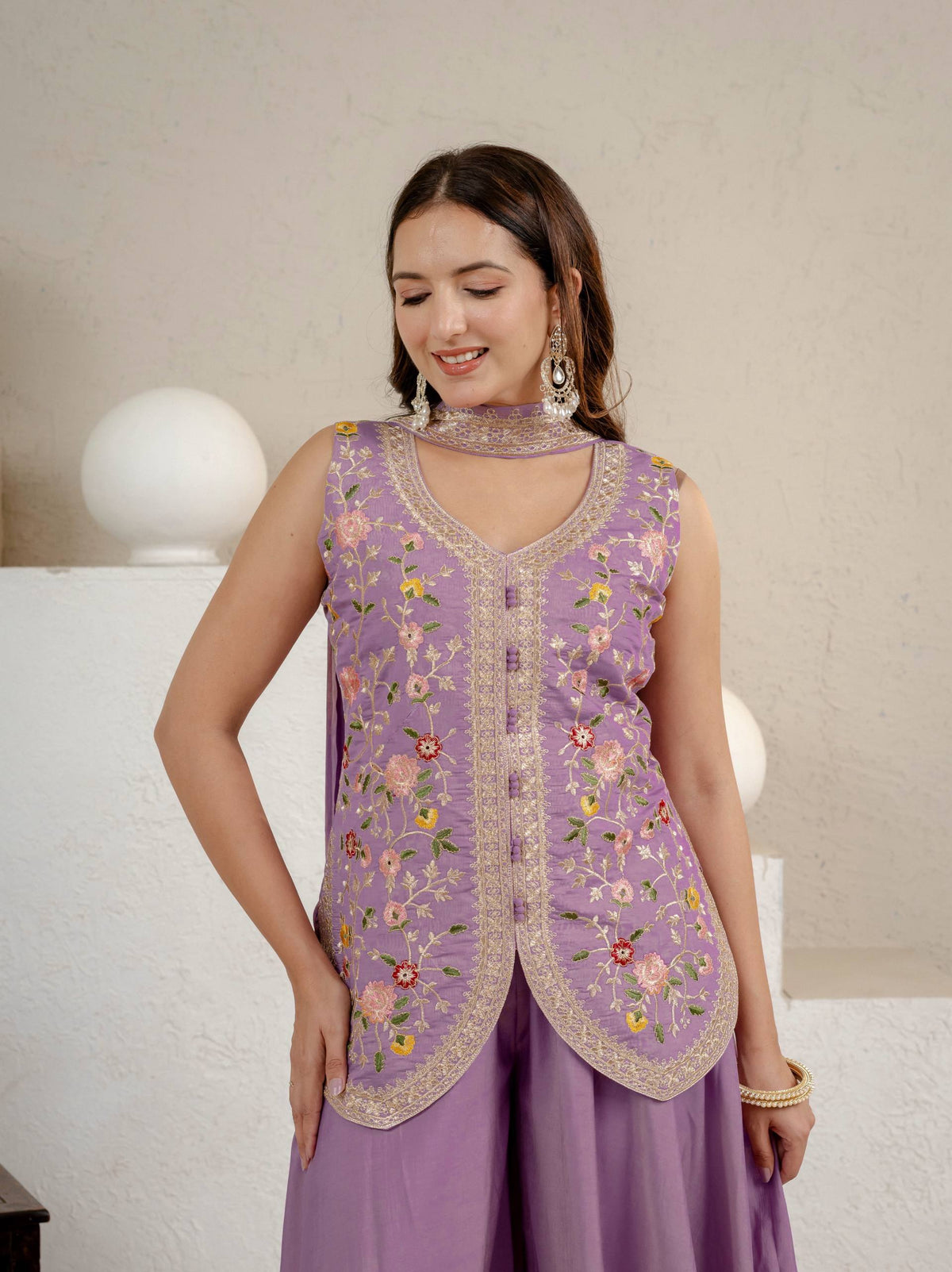 Lavender Embroidered Peplum Sharara Set