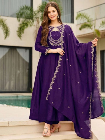 Royal Purple Embroidered Anarkali Kurta Set