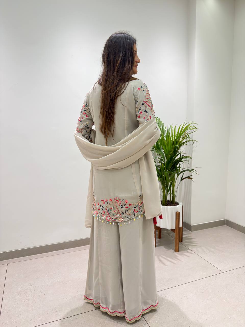 Women’s Embroidered Pakistani Suit Set with Palazzo & Dupatta