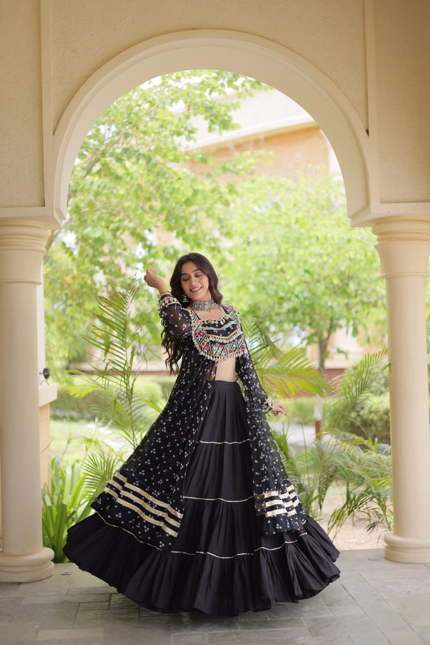 Black Printed Koti with Flared Lehenga & Embroidered Choli Set
