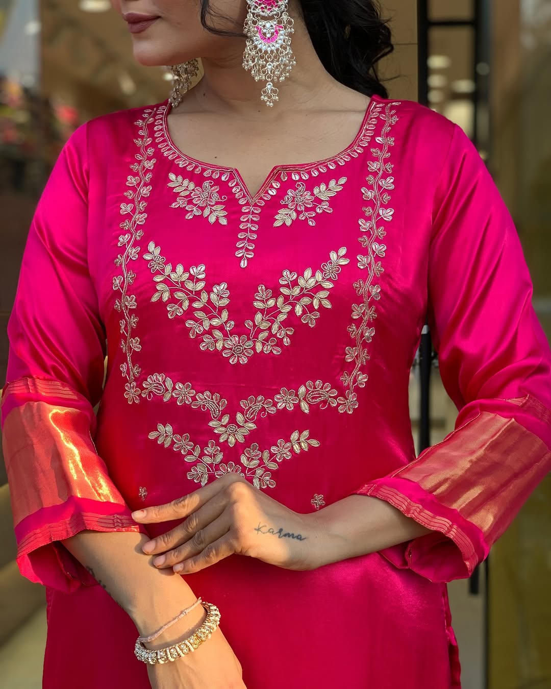 Women's Hot Pink Embroidered Kurta Set