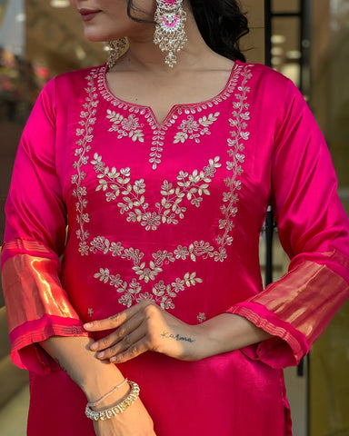Women's Hot Pink Embroidered Kurta Set