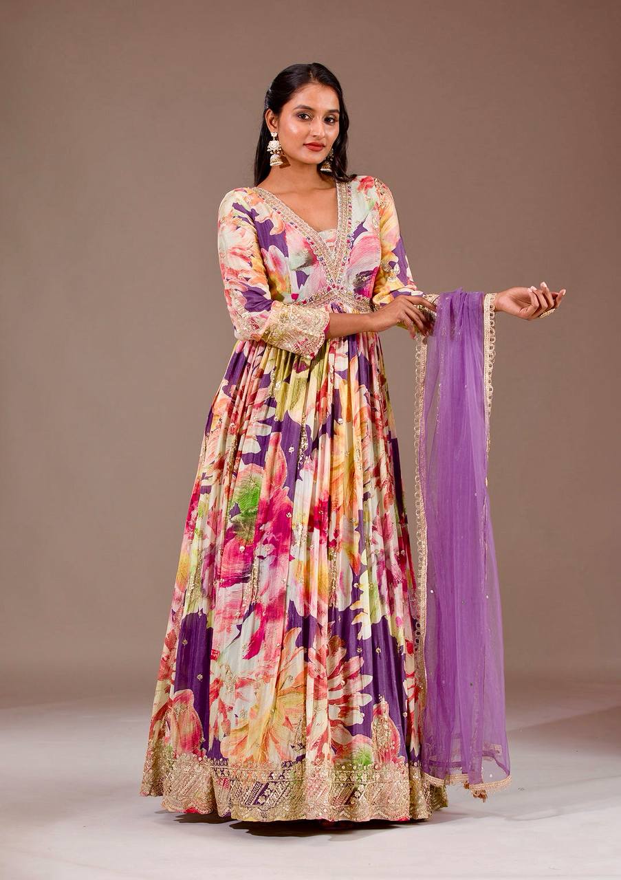 Multicolor Floral Printed Anarkali Gown with Purple Dupatta