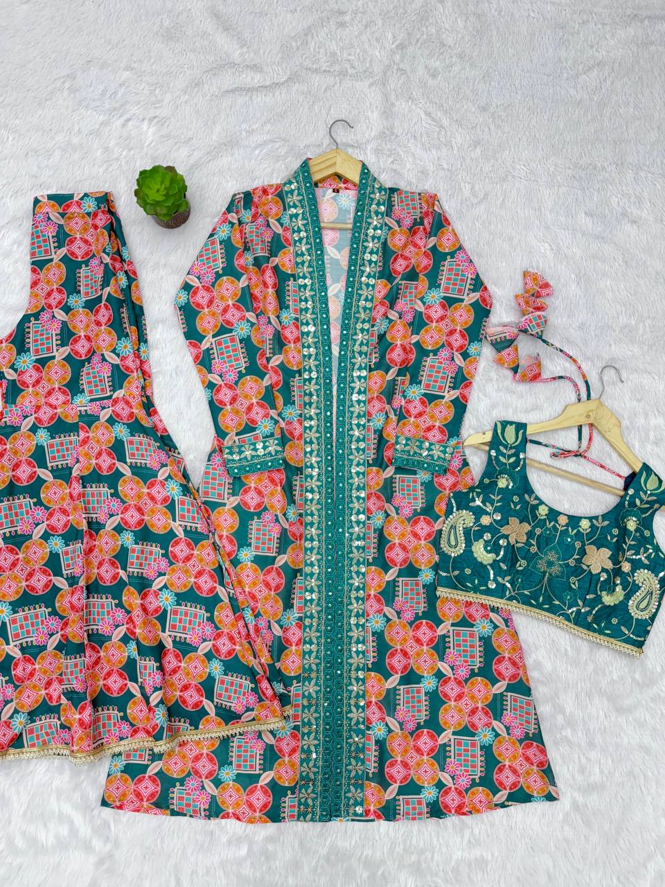 Teal Green Printed Sharara Suit Set with Embroidered Crop Top